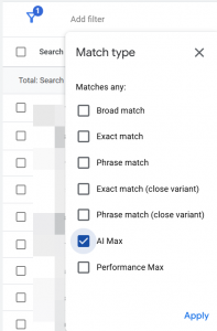 Google Ads screenshot showing how to select the AI Max match type