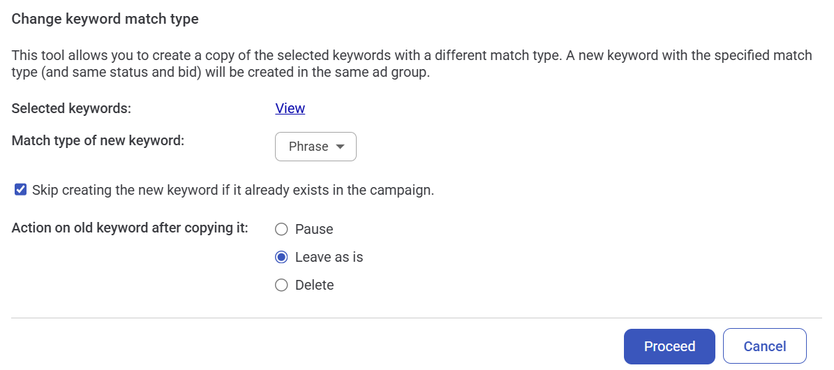 Screenshot from the Adalysis, showing the keyword management tool